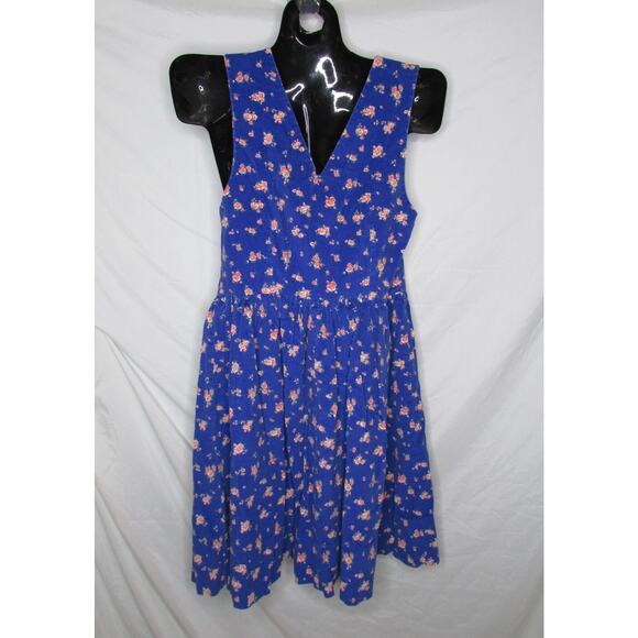Blue Corduroy Jumper Dress All Over Roses Floral Print Small Vintage 1980s - Picture 6 of 7